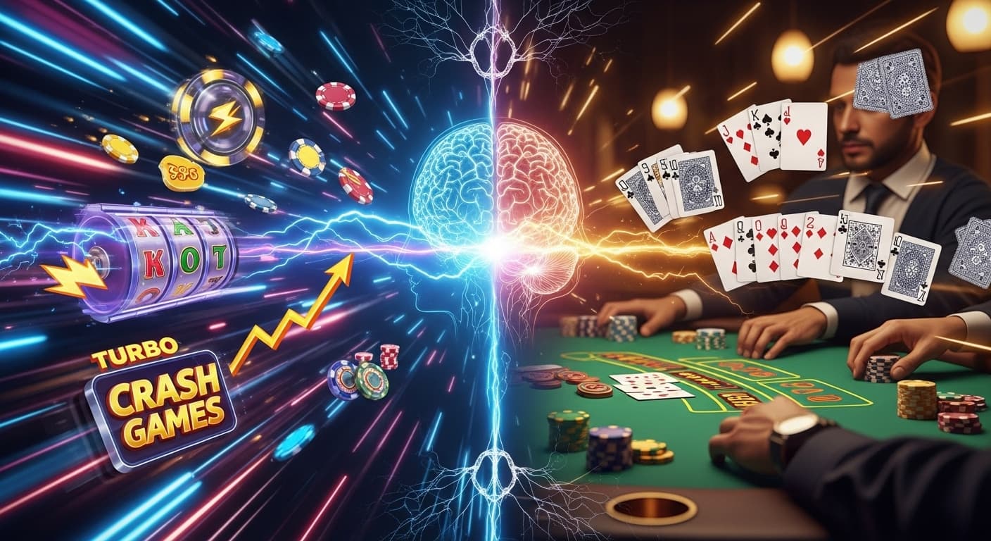 Abstract digital artwork showing glowing motion trails and casino icons symbolizing game speed, reward feedback loops, and player psychology.